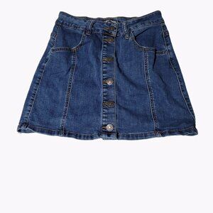 Almost Famous High Rise Jean Skirt Womens Size 5 Button Front Dark Wash Denim